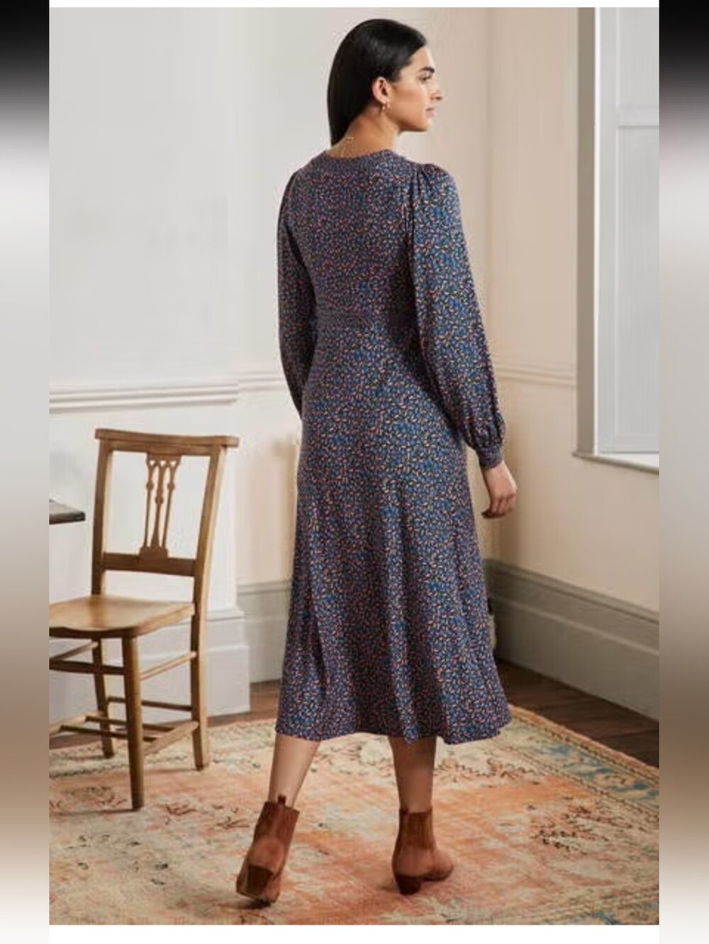 Boden Blue Ribbon Rambling Ditzy Empire Jersey Midi Tea Dress D0222 Size 6R